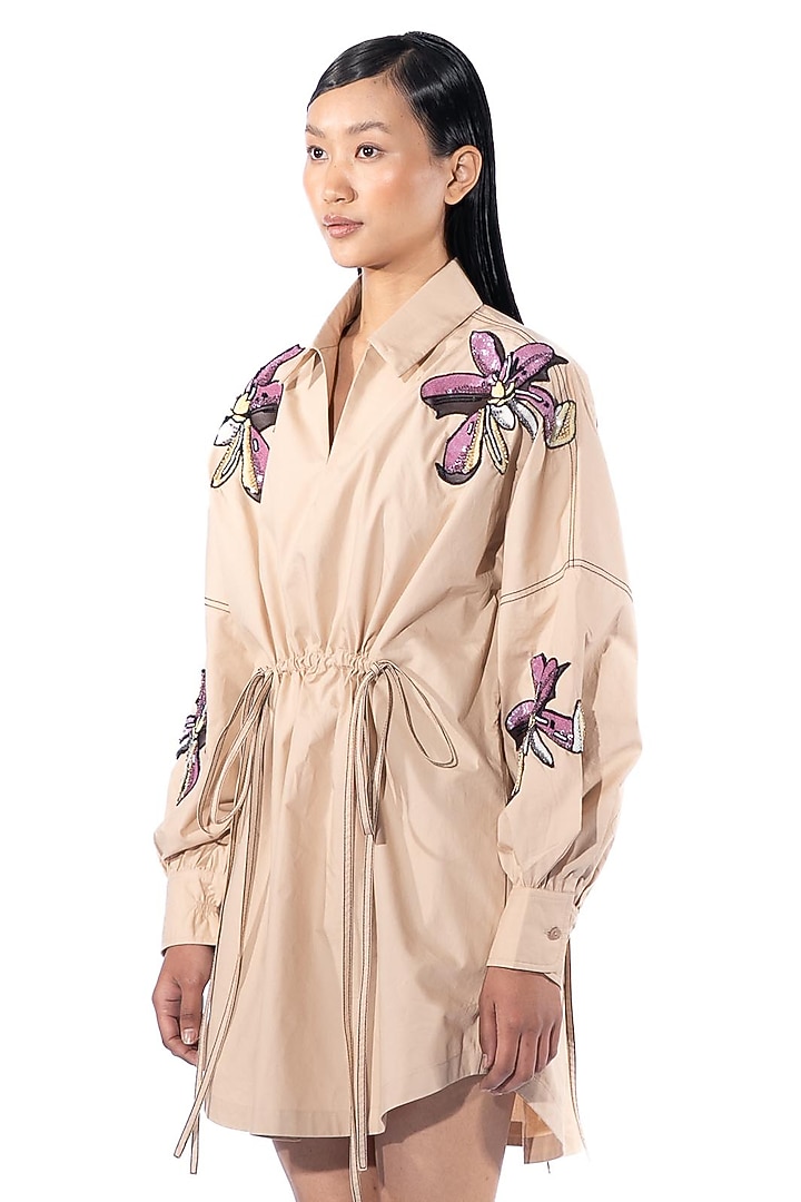 Beige Cotton Embellished Vacation Dress by Kanika Goyal at Pernia's Pop Up Shop