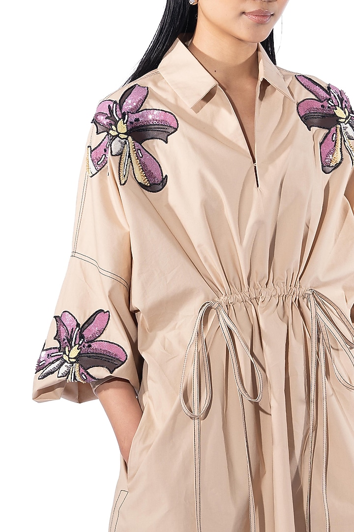 Beige Cotton Embellished Vacation Dress by Kanika Goyal at Pernia's Pop Up Shop