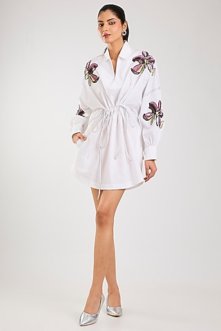 White Cotton Embellished Dress by Kanika Goyal