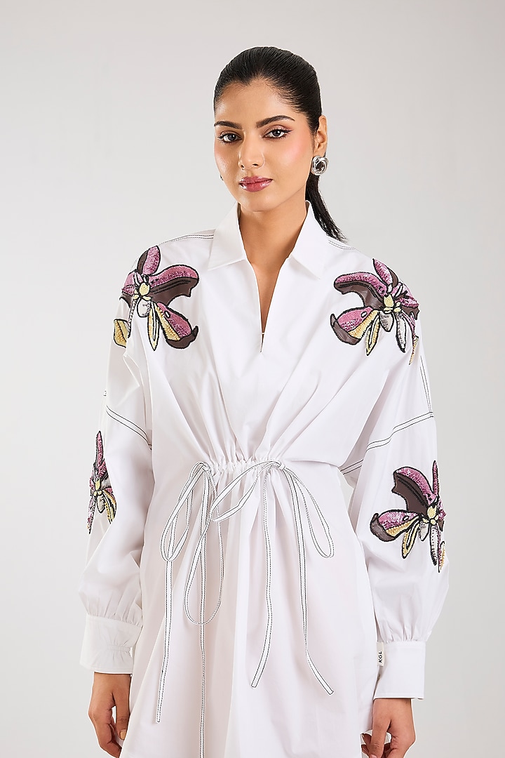 White Cotton Embellished Vacation Dress by Kanika Goyal at Pernia's Pop Up Shop