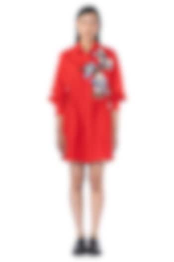 Red Cotton Embellished Vacation Shirt Dress by Kanika Goyal at Pernia's Pop Up Shop