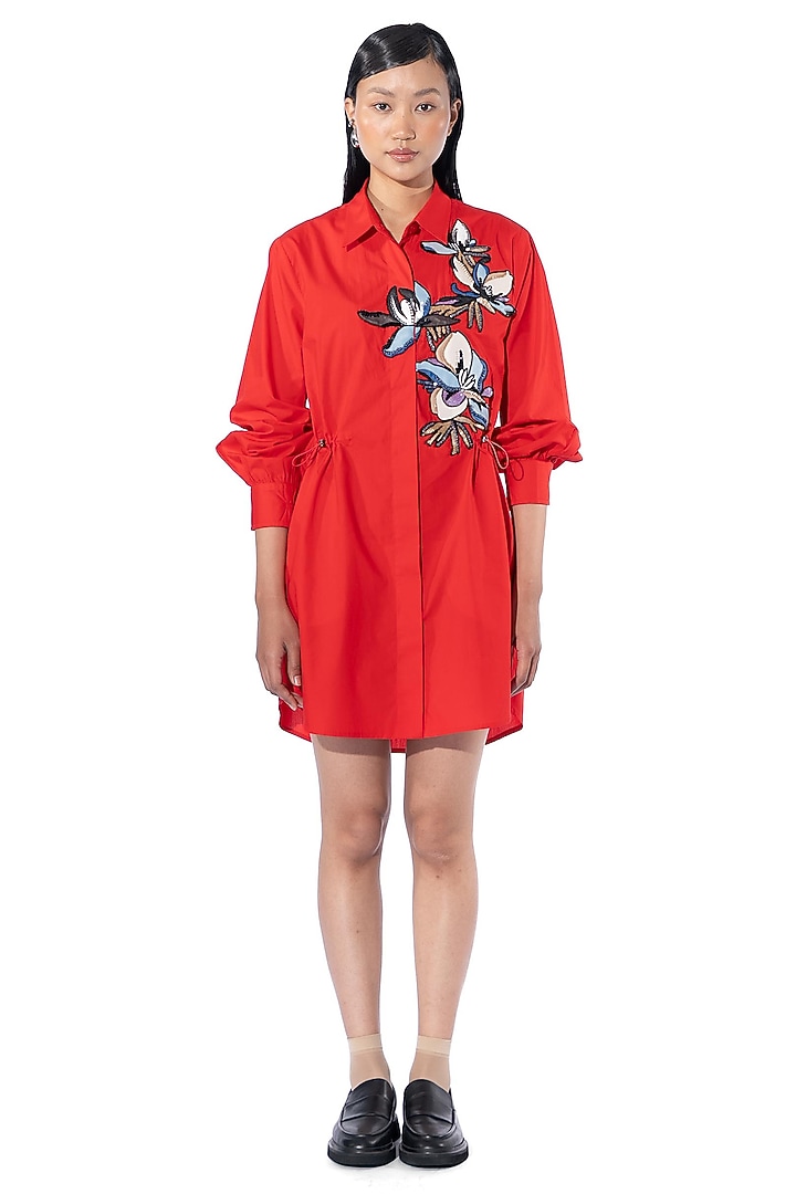 Red Cotton Embellished Vacation Shirt Dress by Kanika Goyal at Pernia's Pop Up Shop