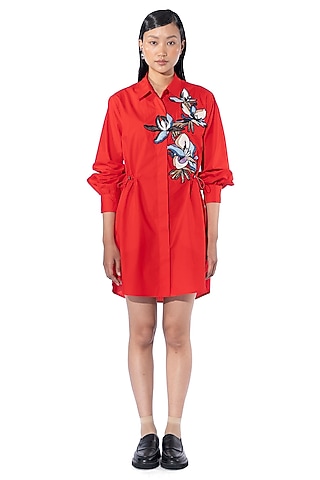 Red Cotton Embellished Shirt Dress by Kanika Goyal