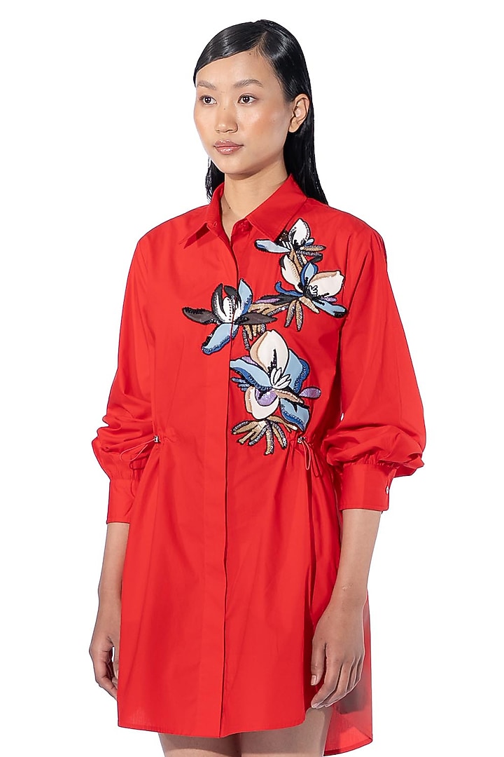 Red Cotton Embellished Vacation Shirt Dress by Kanika Goyal at Pernia's Pop Up Shop