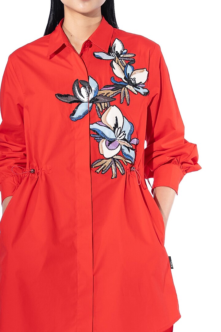 Red Cotton Embellished Vacation Shirt Dress by Kanika Goyal at Pernia's Pop Up Shop