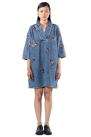 Midnight Blue Cotton Hand Embellished Shift Dress by Kanika Goyal
