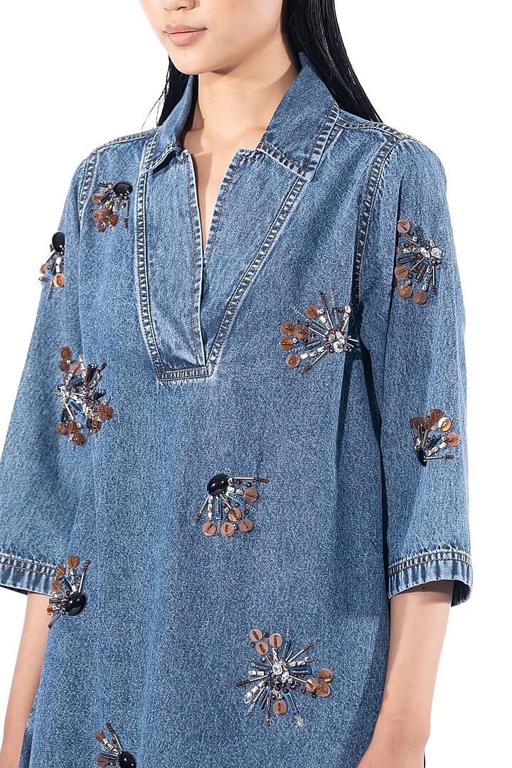 Midnight Blue Cotton Hand Embellished Shift Vacation Dress by Kanika Goyal at Pernia's Pop Up Shop
