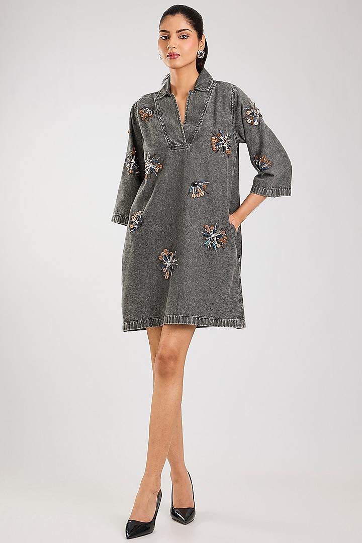 Grey Cotton Hand Embellished Shift Vacation Dress by Kanika Goyal at Pernia's Pop Up Shop