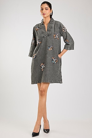 Grey Cotton Hand Embellished Shift Dress by Kanika Goyal