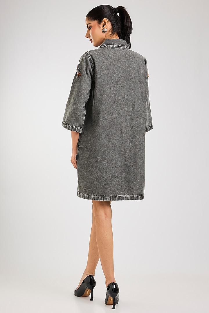 Grey Cotton Hand Embellished Shift Vacation Dress by Kanika Goyal at Pernia's Pop Up Shop