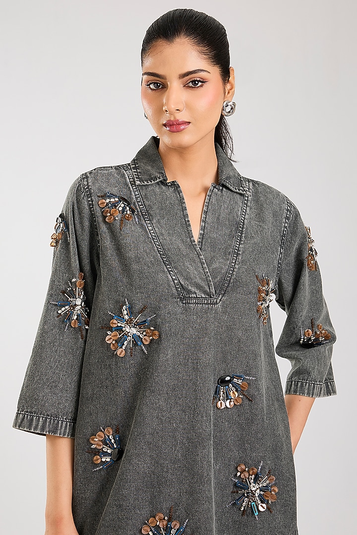 Grey Cotton Hand Embellished Shift Vacation Dress by Kanika Goyal at Pernia's Pop Up Shop