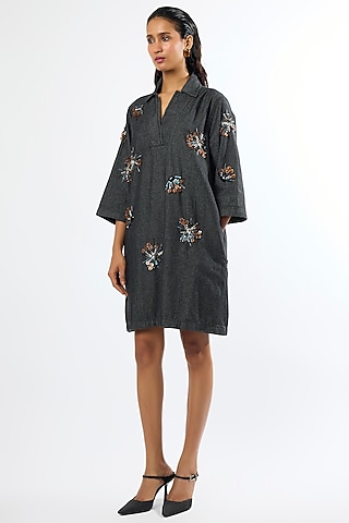 Black Denim Hand Embellished Mini Shift Dress by Kanika Goyal