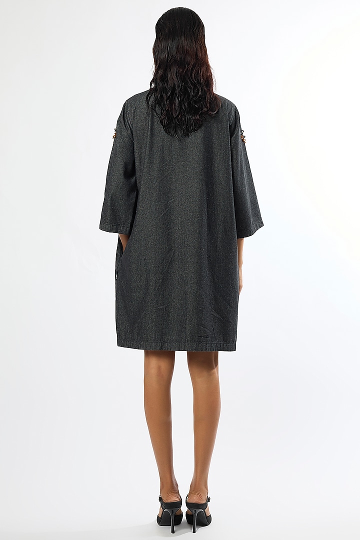 Black Denim Hand Embellished Mini Shift Vacation Dress by Kanika Goyal at Pernia's Pop Up Shop