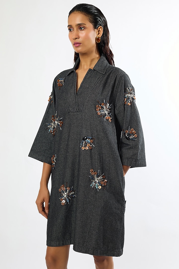 Black Denim Hand Embellished Mini Shift Vacation Dress by Kanika Goyal at Pernia's Pop Up Shop