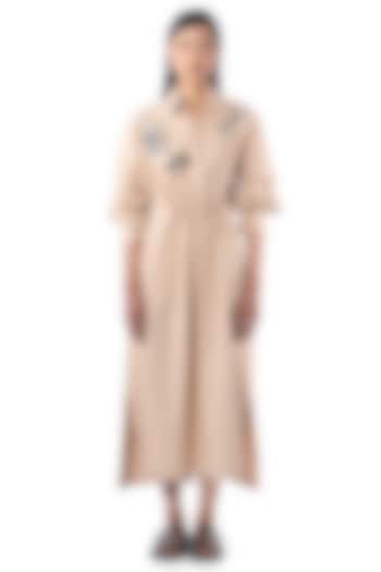Beige Cotton Embellished Vacation Shirt Dress by Kanika Goyal at Pernia's Pop Up Shop