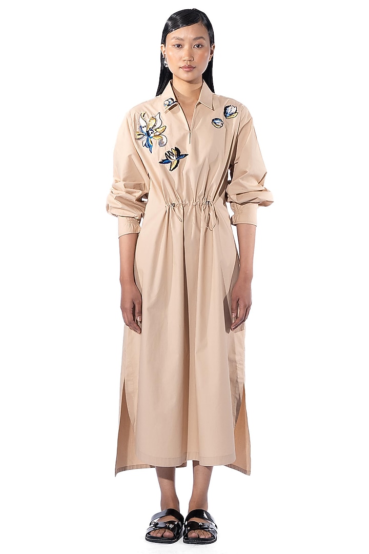 Beige Cotton Embellished Vacation Shirt Dress by Kanika Goyal at Pernia's Pop Up Shop