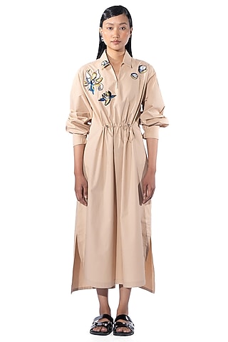 Beige Cotton Embellished Shirt Dress by Kanika Goyal