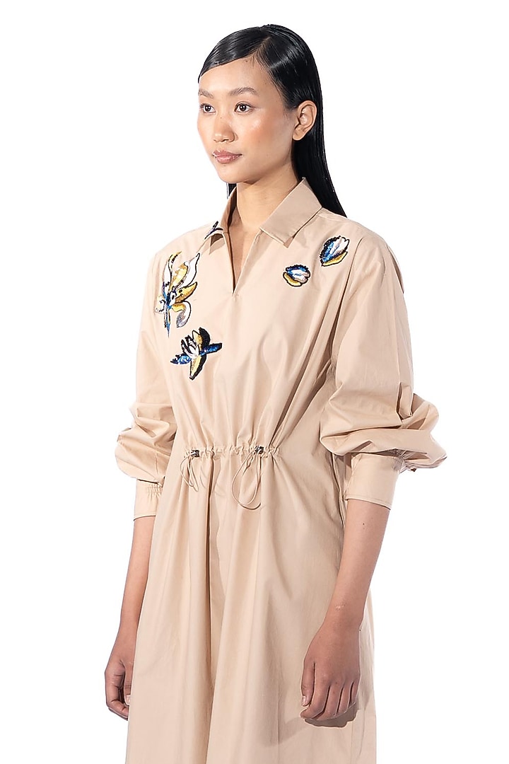 Beige Cotton Embellished Vacation Shirt Dress by Kanika Goyal at Pernia's Pop Up Shop