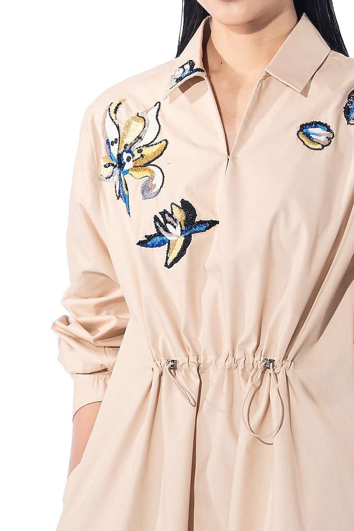 Beige Cotton Embellished Vacation Shirt Dress by Kanika Goyal at Pernia's Pop Up Shop