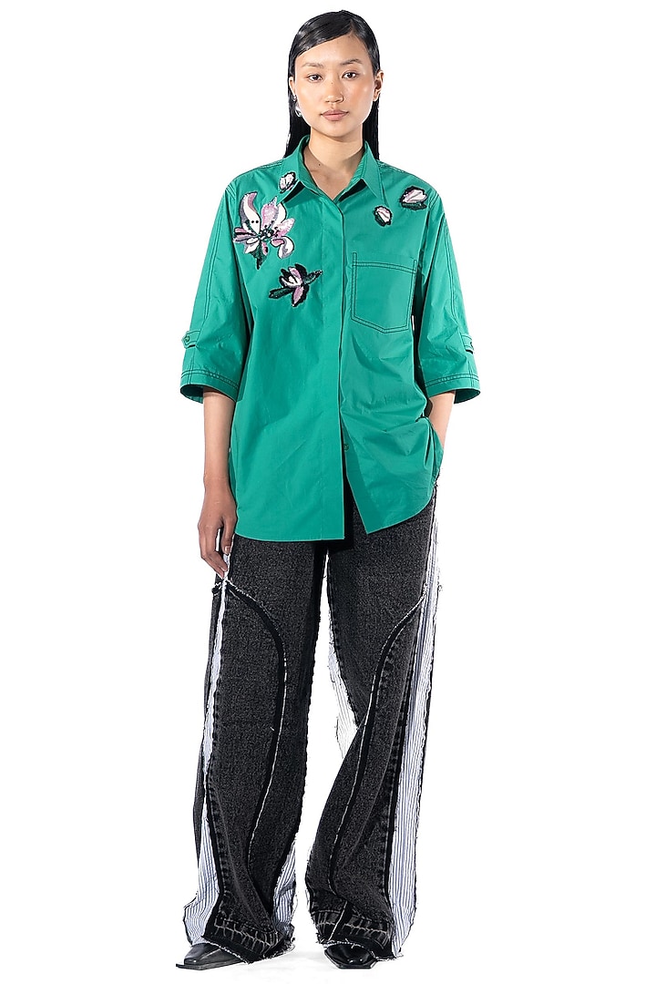Green Cotton Hand Embellished Shirt by Kanika Goyal at Pernia's Pop Up Shop