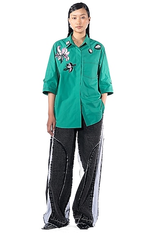 Green Cotton Hand Embellished Shirt by Kanika Goyal