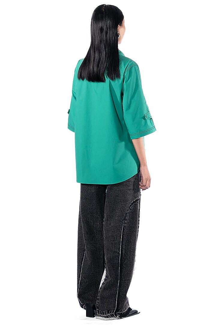 Green Cotton Hand Embellished Shirt by Kanika Goyal at Pernia's Pop Up Shop
