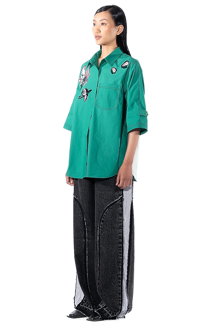Green Cotton Hand Embellished Shirt by Kanika Goyal at Pernia's Pop Up Shop