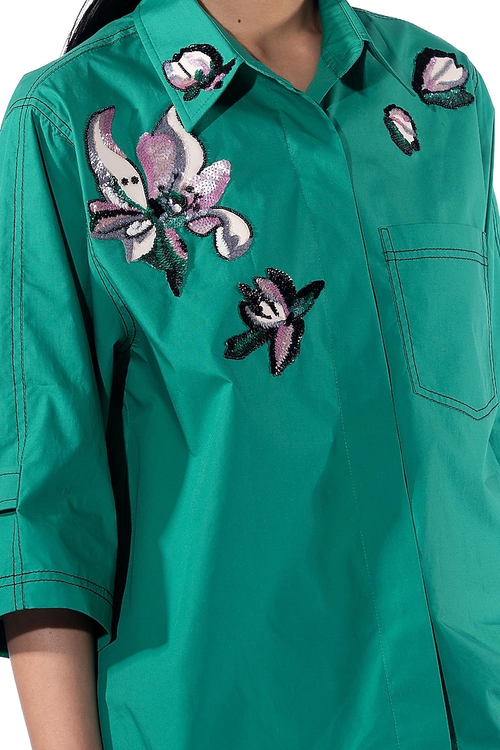 Green Cotton Hand Embellished Shirt by Kanika Goyal at Pernia's Pop Up Shop