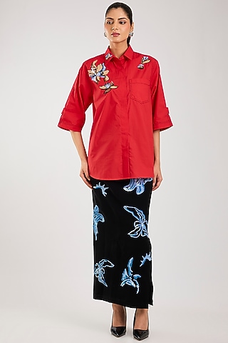 Red Cotton Hand Embellishment Shirt by Kanika Goyal