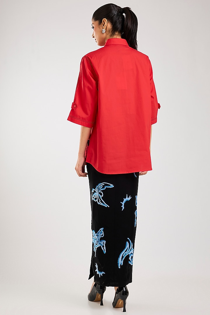 Red Cotton Hand Embellishment Shirt by Kanika Goyal at Pernia's Pop Up Shop