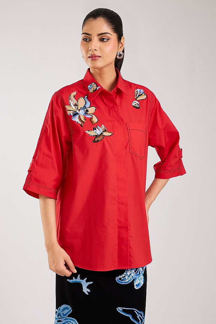 Red Cotton Hand Embellishment Shirt by Kanika Goyal at Pernia's Pop Up Shop