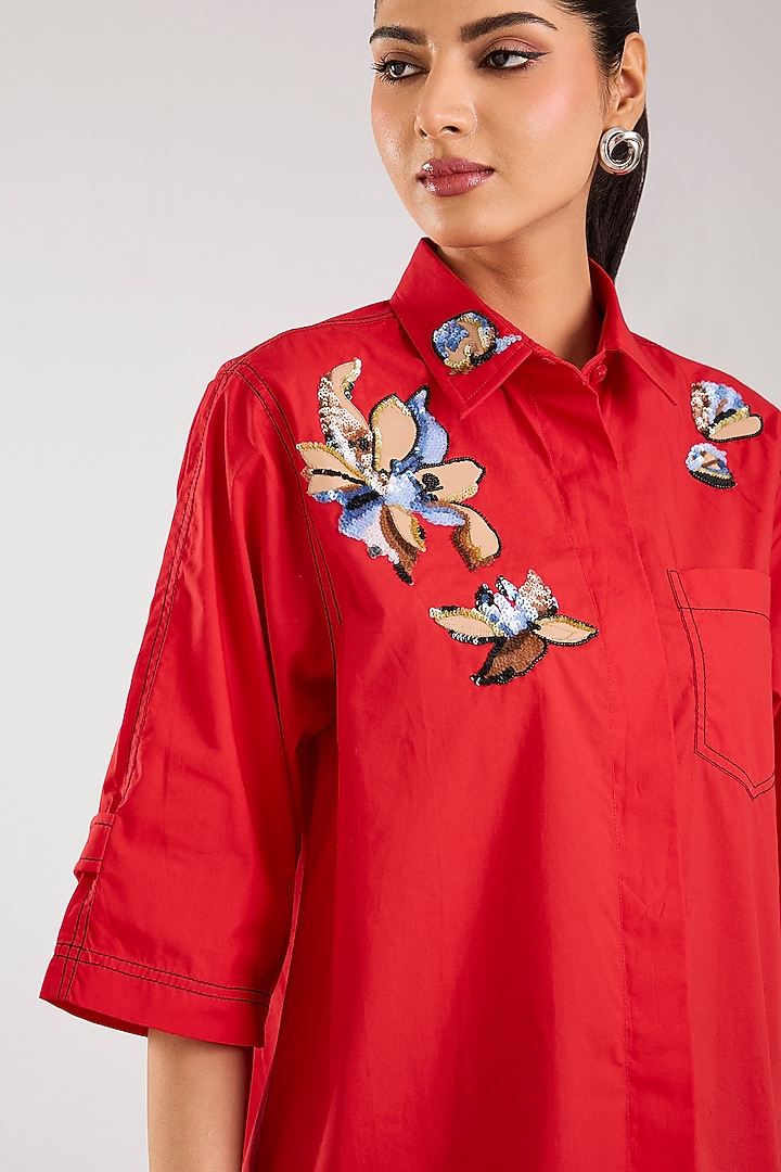 Red Cotton Hand Embellishment Shirt by Kanika Goyal at Pernia's Pop Up Shop