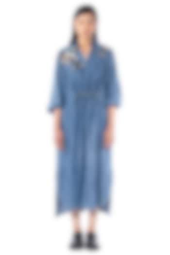 Midnight Blue Cotton Embellished Denim Vacation Dress by Kanika Goyal at Pernia's Pop Up Shop