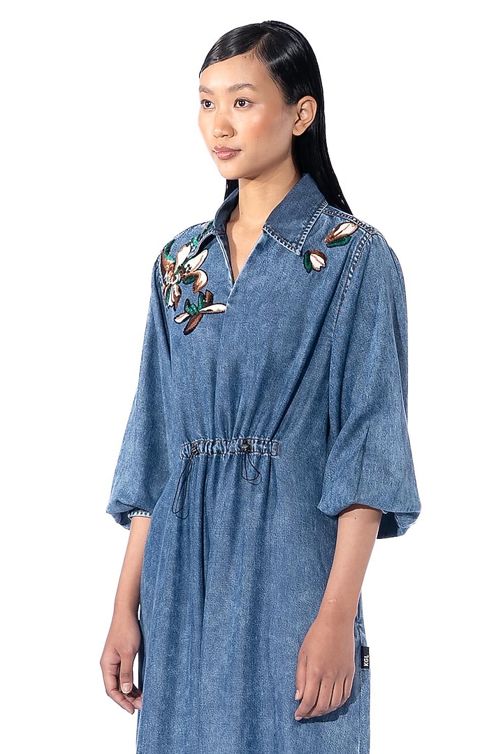Midnight Blue Cotton Embellished Denim Vacation Dress by Kanika Goyal at Pernia's Pop Up Shop