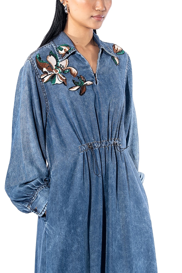 Midnight Blue Cotton Embellished Denim Vacation Dress by Kanika Goyal at Pernia's Pop Up Shop