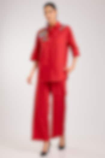 Red Cotton Embellished Co-Ord Set by Kanika Goyal at Pernia's Pop Up Shop