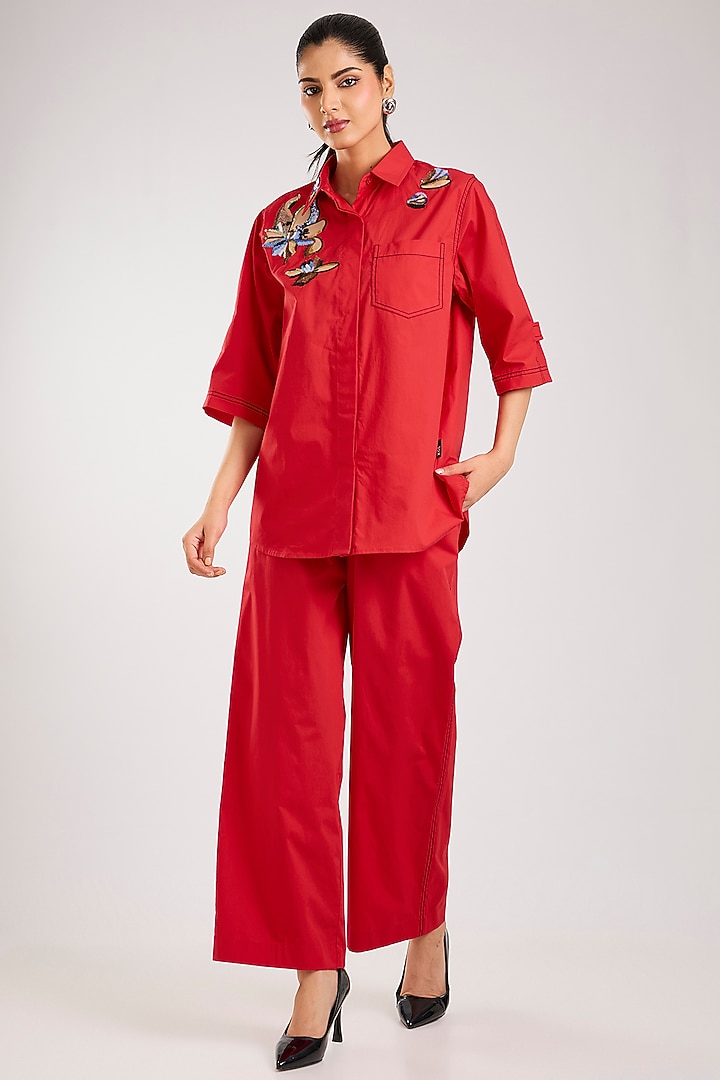 Red Cotton Embellished Co-Ord Set by Kanika Goyal at Pernia's Pop Up Shop