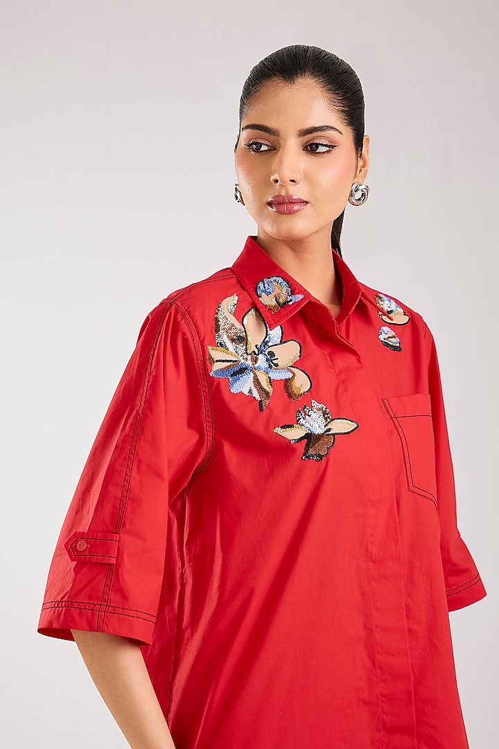 Red Cotton Embellished Co-Ord Set by Kanika Goyal at Pernia's Pop Up Shop