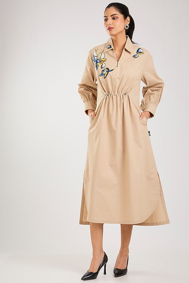 Beige Cotton Embellished Vacation Dress by Kanika Goyal at Pernia's Pop Up Shop