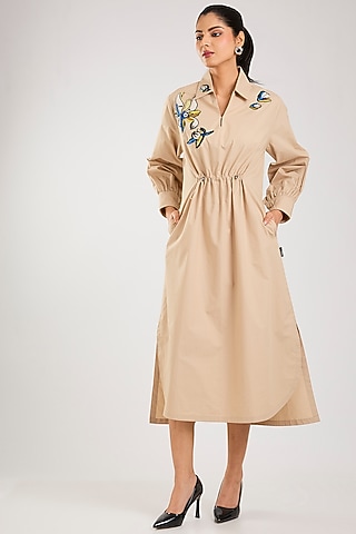 Beige Cotton Embellished Dress by Kanika Goyal