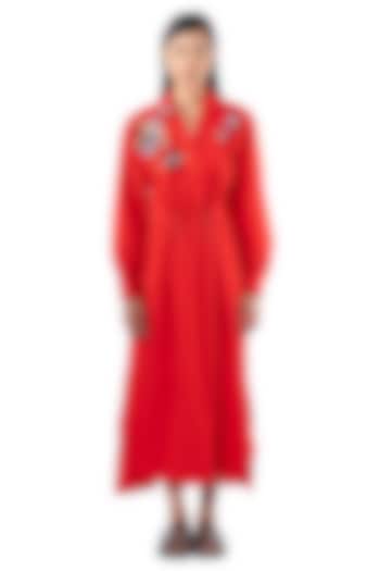 Red Cotton Embellished Shirt Vacation Dress by Kanika Goyal at Pernia's Pop Up Shop