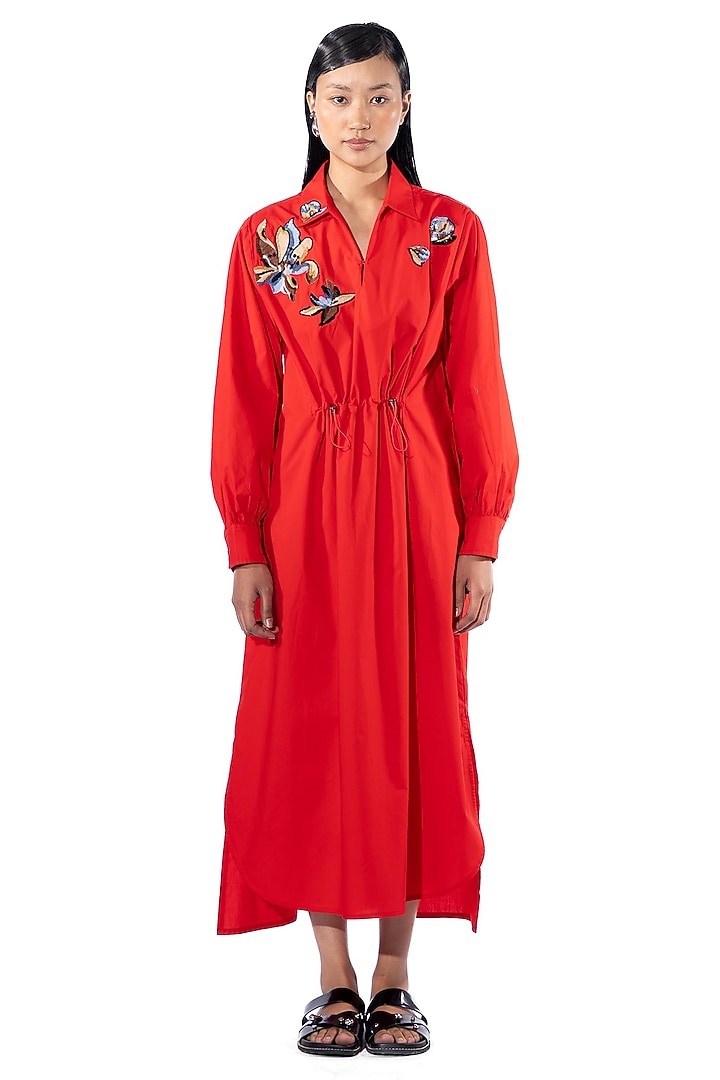 Red Cotton Embellished Shirt Vacation Dress by Kanika Goyal at Pernia's Pop Up Shop