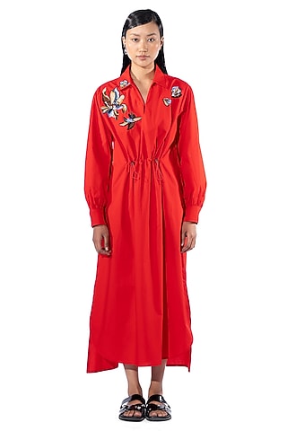 Red Cotton Embellished Dress by Kanika Goyal