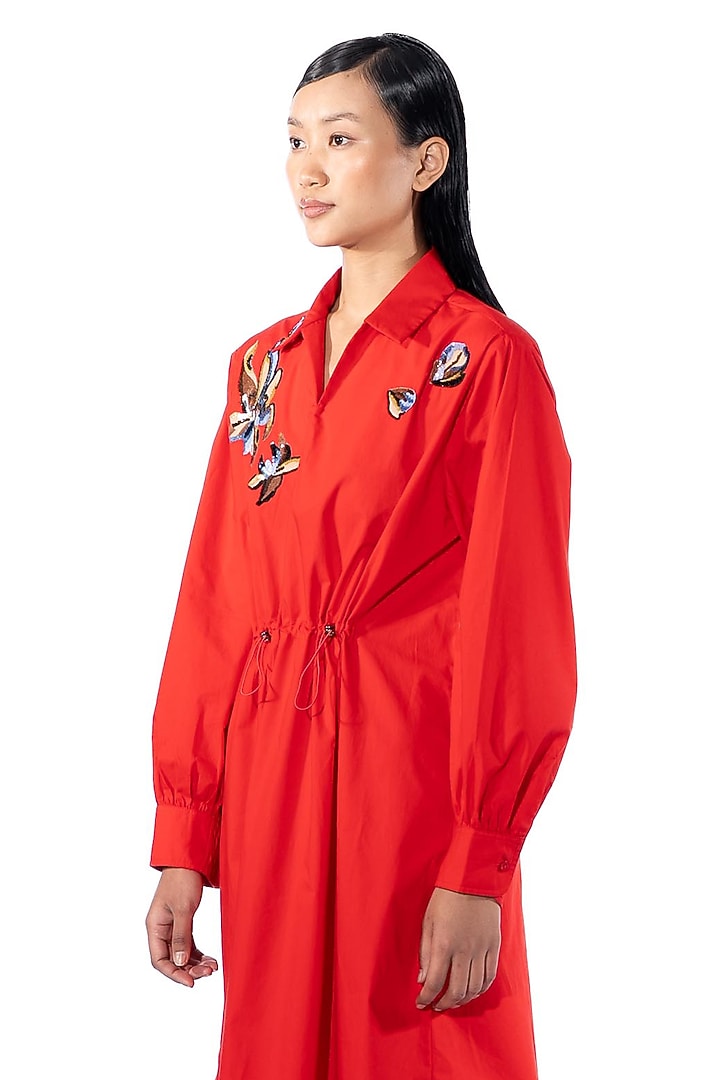 Red Cotton Embellished Vacation Dress by Kanika Goyal at Pernia's Pop Up Shop