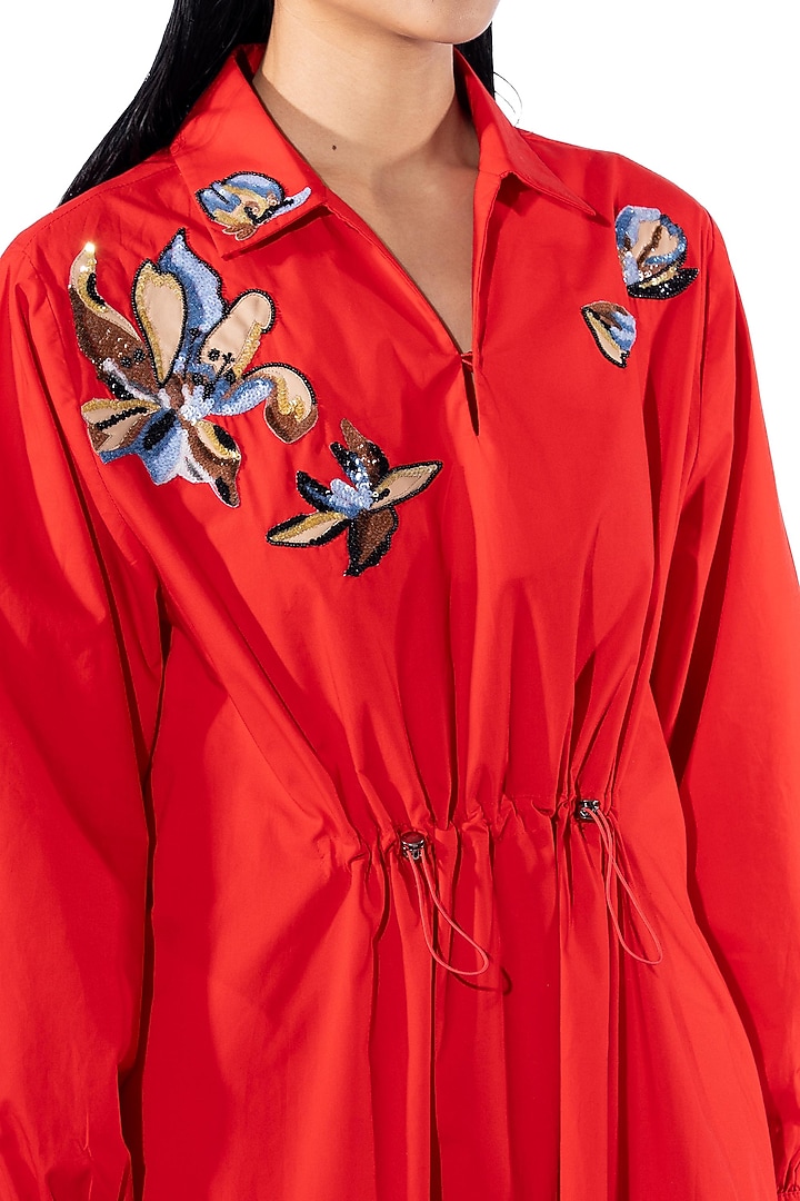 Red Cotton Embellished Vacation Dress by Kanika Goyal at Pernia's Pop Up Shop