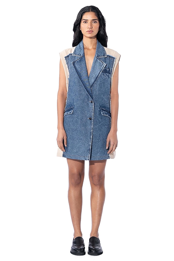 Blue & Beige Polyester Blazer Cocktail Dress by Kanika Goyal at Pernia's Pop Up Shop