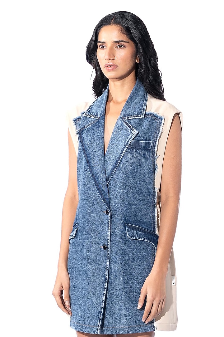 Blue & Beige Polyester Blazer Cocktail Dress by Kanika Goyal at Pernia's Pop Up Shop
