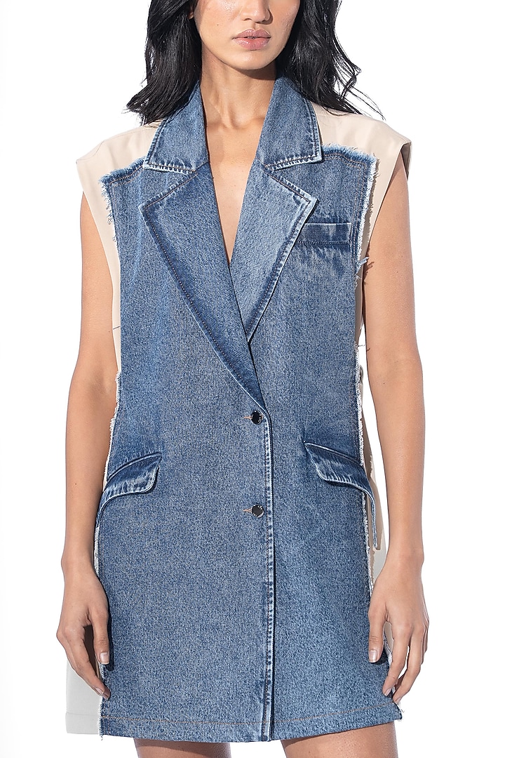 Blue & Beige Polyester Blazer Cocktail Dress by Kanika Goyal at Pernia's Pop Up Shop