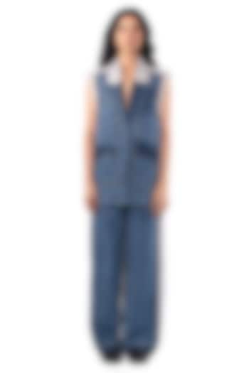 Blue Denim Cotton Paneled Jacket Set by Kanika Goyal at Pernia's Pop Up Shop