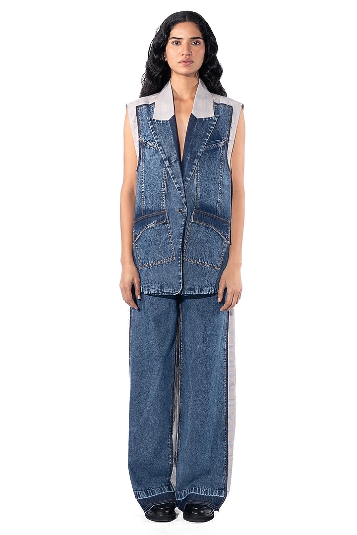 Blue Denim Cotton Paneled Jacket Set by Kanika Goyal at Pernia's Pop Up Shop